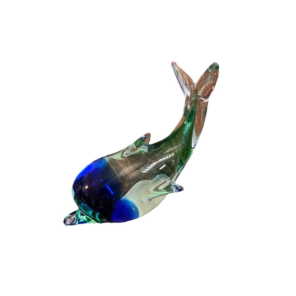 Dolphin Hand Blown Blue and Green Glass Paperweight Tail Up Heavy Vintage